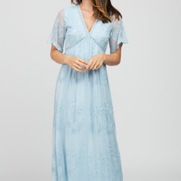 PINKBLUSH Light Blue Maternity Lace Mesh Overlay Maxi Dress - Picture 2 of 11